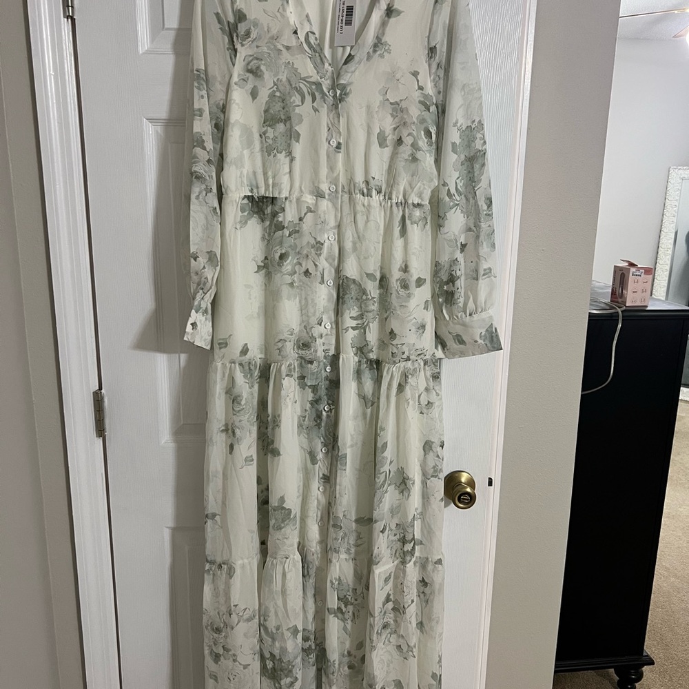 Baltic Born Long Sleeve Floral Dress in Green and Cream